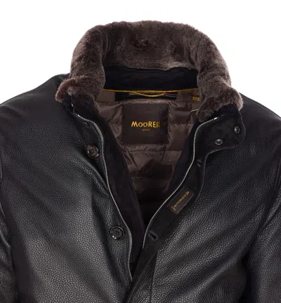 Moorer High Neck Textured Jacket With Fur Collar In Black