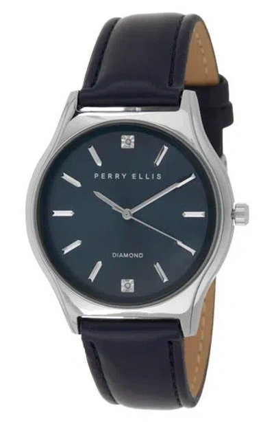 Perry Ellis Solar 3-hand Quartz Diamond Solitaire Faux Leather Strap Watch, 41mm In Black