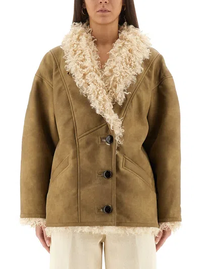 Isabel Marant Étoile Isabel Marant Etoile Women Beige Shearling Coat With High Collar And Button Closure In Leather And F In Green