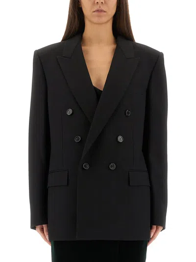 Saint Laurent Cassandre Double-breasted Wool Gabardine Blazer In Black
