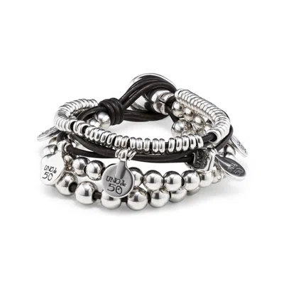 Unode50 Leather And Sterling Silver-plated Bracelet In Metallic