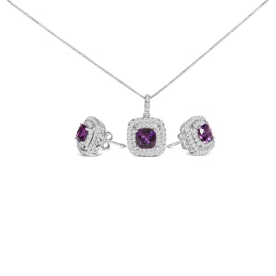Haus Of Brilliance .925 Sterling Silver Created Purple Amethyst And White Sapphire Halo Pendant Earring Set In Purple