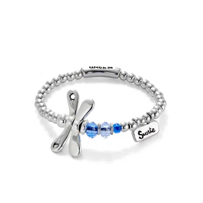 Unode50 Elastic Sterling Silver Plated Dragonfly With Blue Crystals Bracelet In Multi