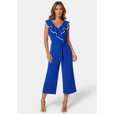 Bebe Scuba Crepe Ruffle V-neck Jumpsuit In Blue