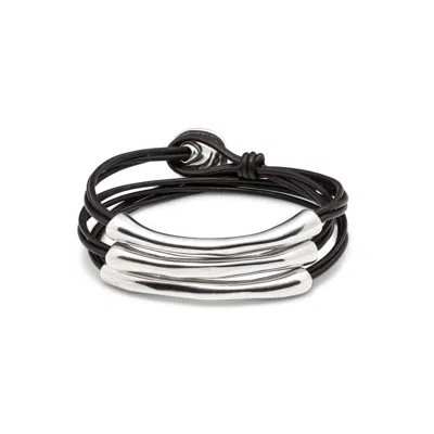 Unode50 Leather Bracelet With Three Sterling Silver-plated Strands In Black
