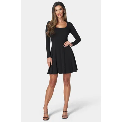 Bebe Long Sleeve Rib Godet Dress In Black