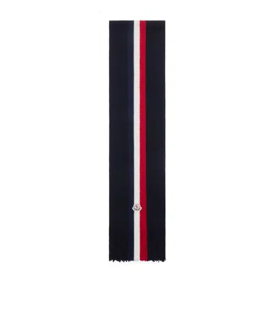 Moncler Logo Patch Stripe Virgin Wool Fringe Scarf In Black