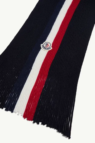Moncler Logo Patch Stripe Virgin Wool Fringe Scarf In Black