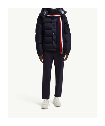 Moncler Logo Patch Stripe Virgin Wool Fringe Scarf In Black