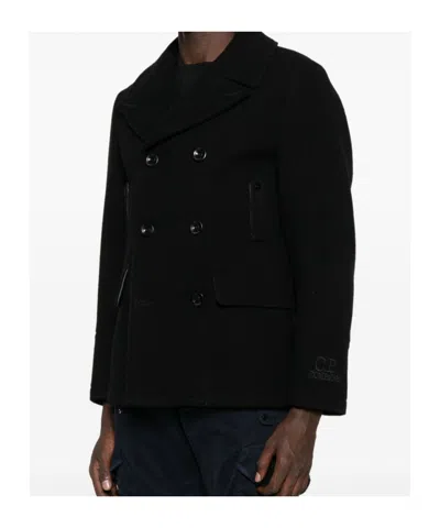 C.p. Company Double-breasted Structured Jacket With Wide Lapels In Black