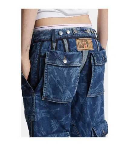 Dsquared2 Vaquera X D2 Statue Of Liberty Cargo Laser Wash Pant In Blue