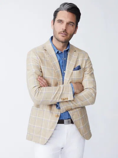 J.mclaughlin Men's Lisbon Linen Sport Coat In Window Pane White/tan/blue In Multi
