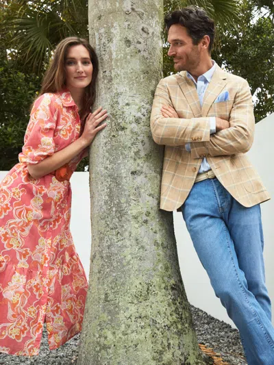 J.mclaughlin Men's Lisbon Linen Sport Coat In Window Pane White/tan/blue In Multi