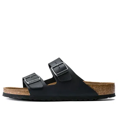 Birkenstock Black Leather Arizona Slippers In Gray