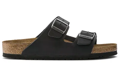 Birkenstock Black Leather Arizona Slippers In Gray