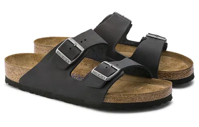 Birkenstock Black Leather Arizona Slippers In Gray
