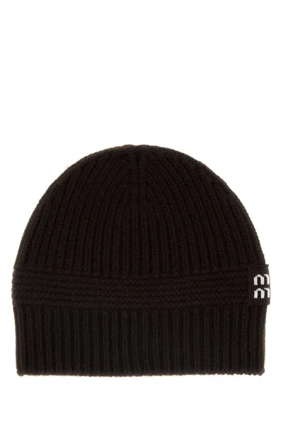 Miu Miu Stretch Wool Blend Ribbed Knit Beanie In Brown