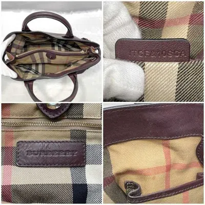 Pre-owned Burberry Beige Bordeaux Leather Canvas Handbag Shoulder Bag Tote Bag ()