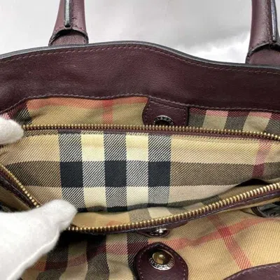 Pre-owned Burberry Beige Bordeaux Leather Canvas Handbag Shoulder Bag Tote Bag ()