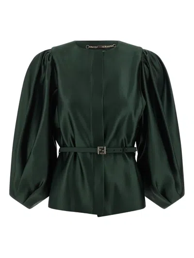 Fendi Satin Jacket With Balloon Sleeves And Belt In Green