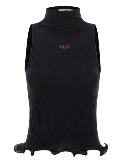 Fendi High Neck Fitted Sleeveless Top With Ruffles Clothing In Black