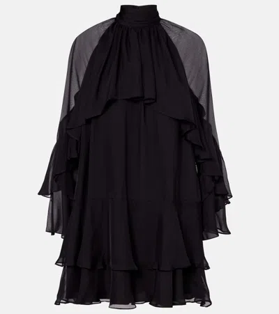 Veronica Beard Adlington Ruffle Detail Long Sleeve Silk Chiffon Dress In Black