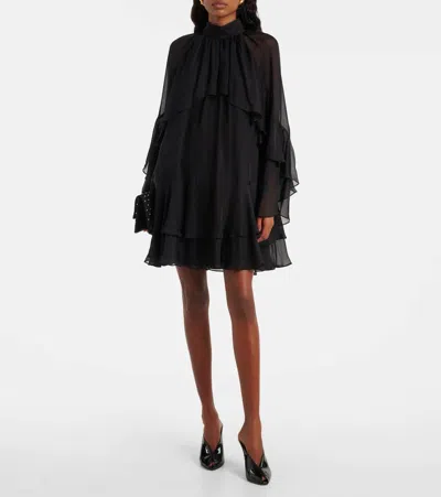 Veronica Beard Adlington Ruffle Detail Long Sleeve Silk Chiffon Dress In Black