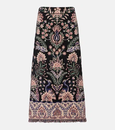 Farm Rio Intricately Patterned Midi Skirt With Fringe Trim In Black