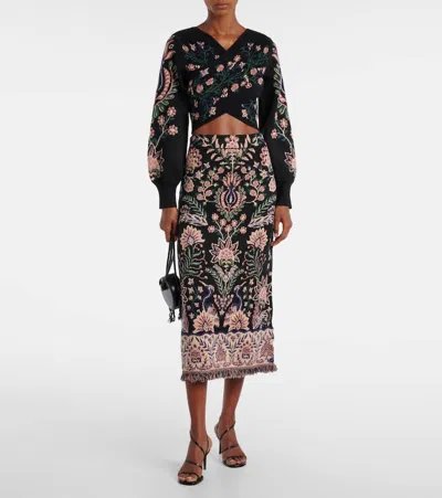 Farm Rio Intricately Patterned Midi Skirt With Fringe Trim In Black