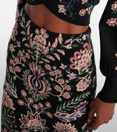 Farm Rio Intricately Patterned Midi Skirt With Fringe Trim In Black