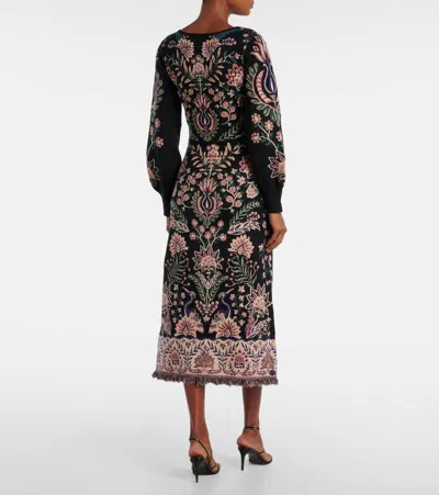 Farm Rio Intricately Patterned Midi Skirt With Fringe Trim In Black