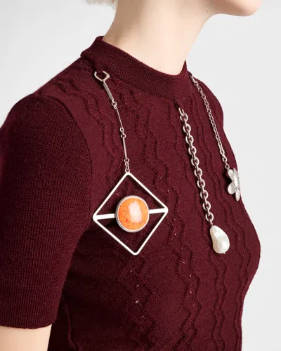 Prada Openwork Motif Wool Sweater With Pendants In Burgundy