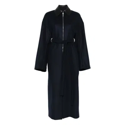 Sportmax Belted Long Coat Featuring Leather Collar In Black