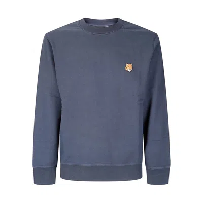 Maison Kitsuné Striped Cotton Sweatshirt Button-down Collar In Blue
