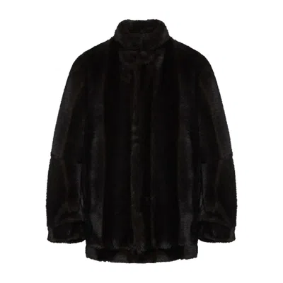 Mm6 Maison Margiela Plush Black Faux Fur Jacket With High Collar And Relaxed Fit In Black