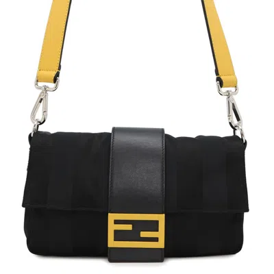 Pre-owned Fendi Pequin Black Yellow Nylon Leather Shoulder Bag Sling Bag ()