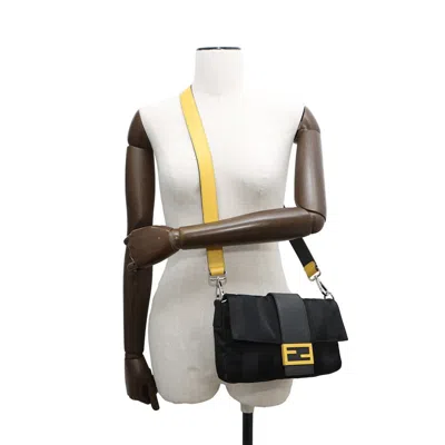 Pre-owned Fendi Pequin Black Yellow Nylon Leather Shoulder Bag Sling Bag ()