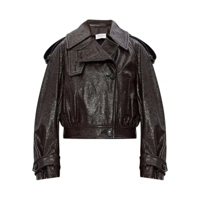 Sportmax Short Trench Coat With Patent Effect And Bomber Inspired Details In Brown