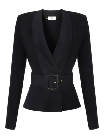 Elisabetta Franchi Black Belted Knitted Jacket In Blue