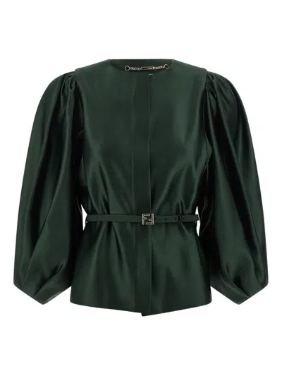 Fendi Balloon-sleeve Belted Blazer In Green