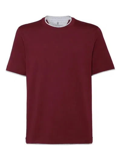 Brunello Cucinelli Cotton Jersey Crew Neck T-shirt With Faux-layering Clothing In Red