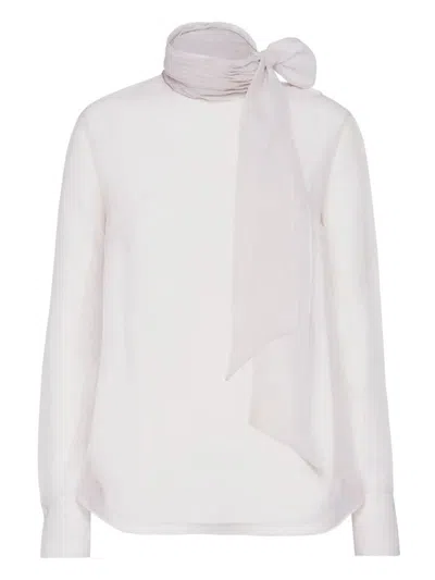Brunello Cucinelli Crispy Silk Pussybow Blouse With Beads Clothing In White