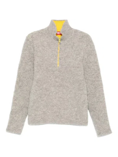 Diesel High Collar Textured Knitwear Zipper In Gray