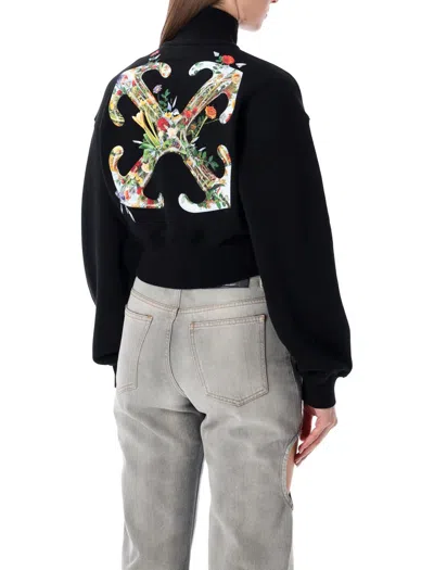 Off-white Floral Print Cropped Sweatshirt With High Collar In Black