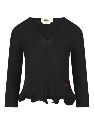 Fendi V-neck Ribbed Top With Ruffles Clothing In Black