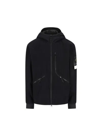 Stone Island Blue Jacket With Fixed Hood And Logo Patch On The Sleeve In Fleece Man In Black