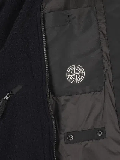 Stone Island Blue Jacket With Fixed Hood And Logo Patch On The Sleeve In Fleece Man In Black