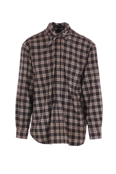 Dsquared2 D2 X Magliano Brown Shirt With Tie Detail On The Front And All-over Check Motif In Cotton Man In Brown