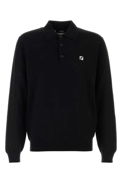 Fendi Stretch Wool Polo Shirt With Ribbed Cuffs And Hem In Black
