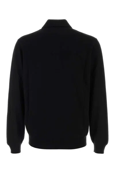 Fendi Stretch Wool Polo Shirt With Ribbed Cuffs And Hem In Black
